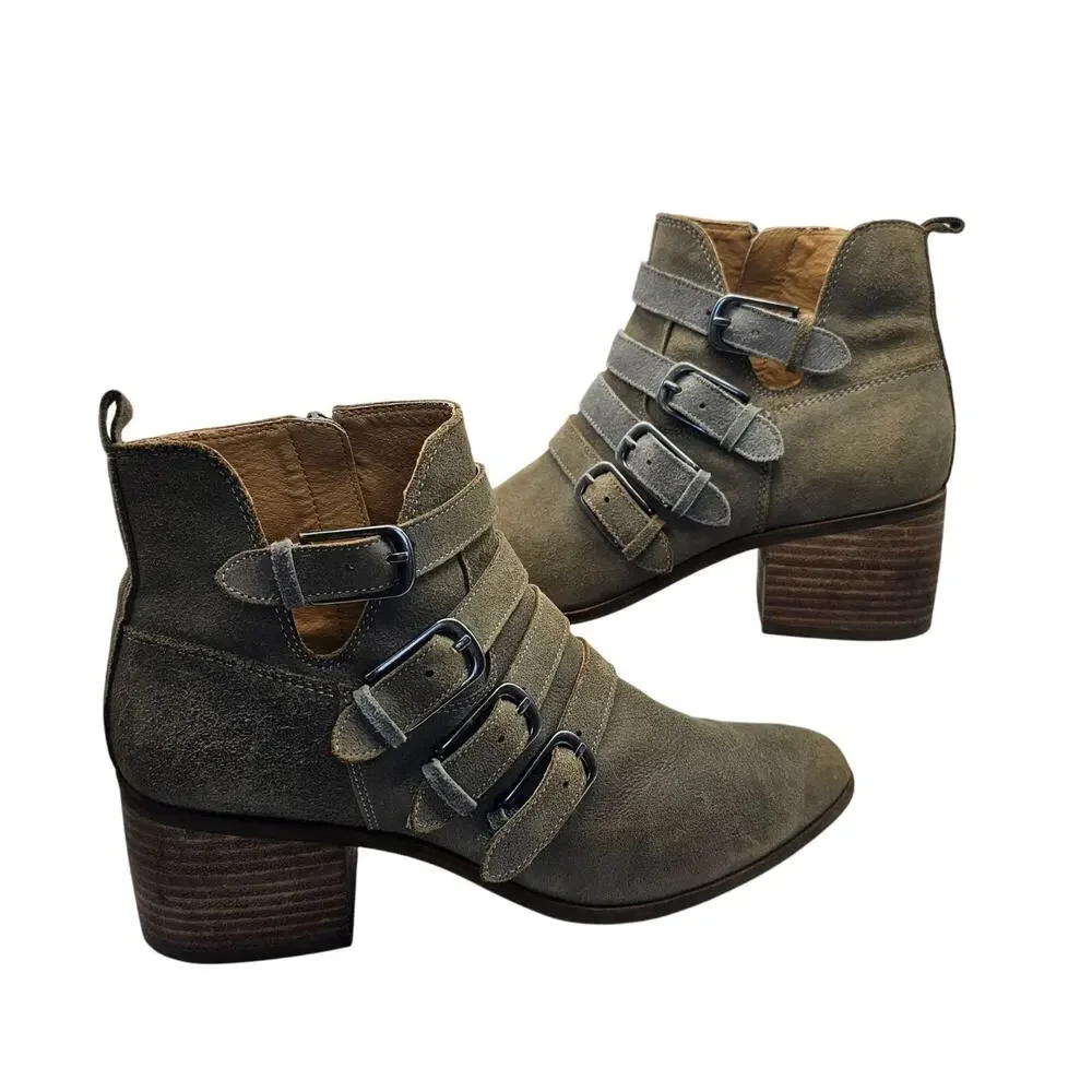 Lucky Brand Loreniah Suede Buckle Ankle Boots Booties Gray Green Sz 8.5